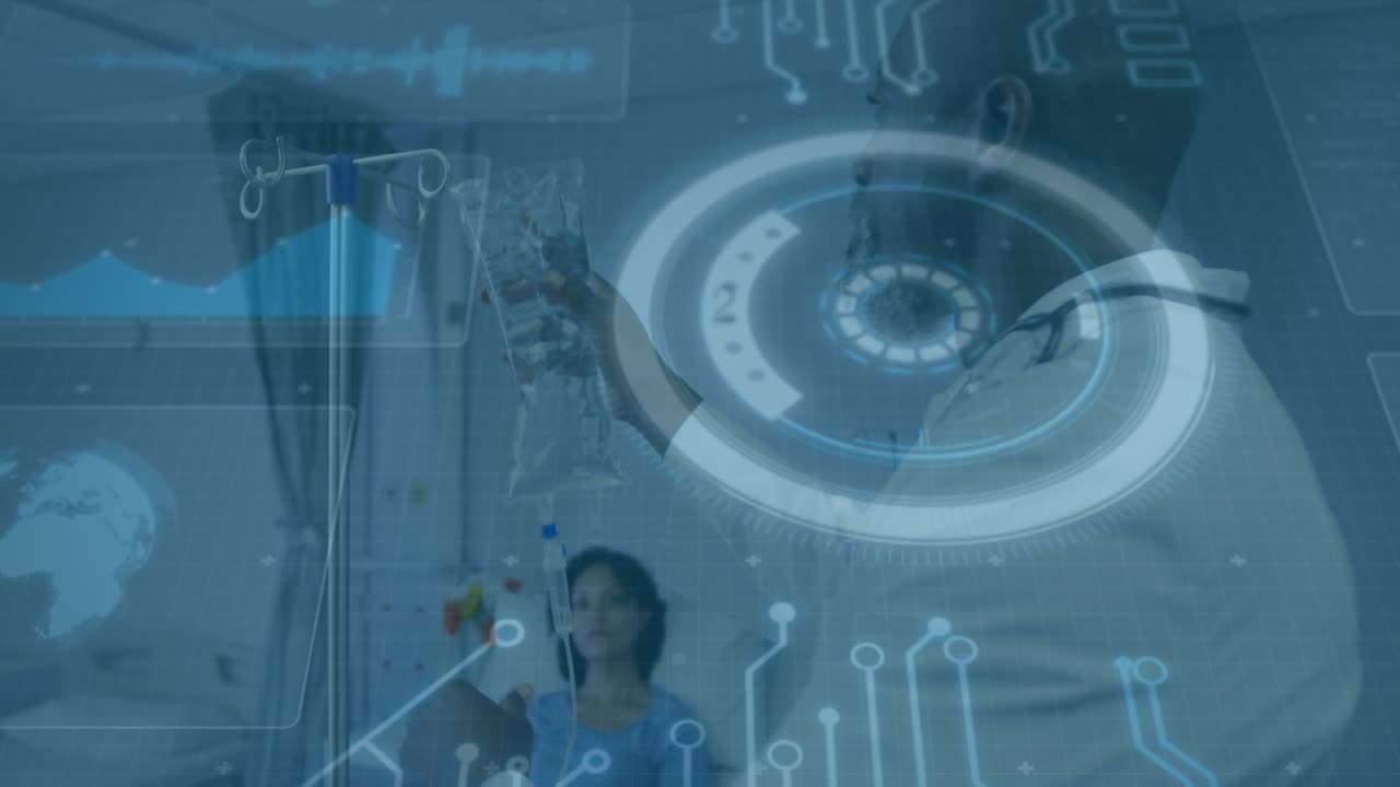 Doctor inspecting IV bag and mounting stand, animated overlays guiding flow calibration for patient