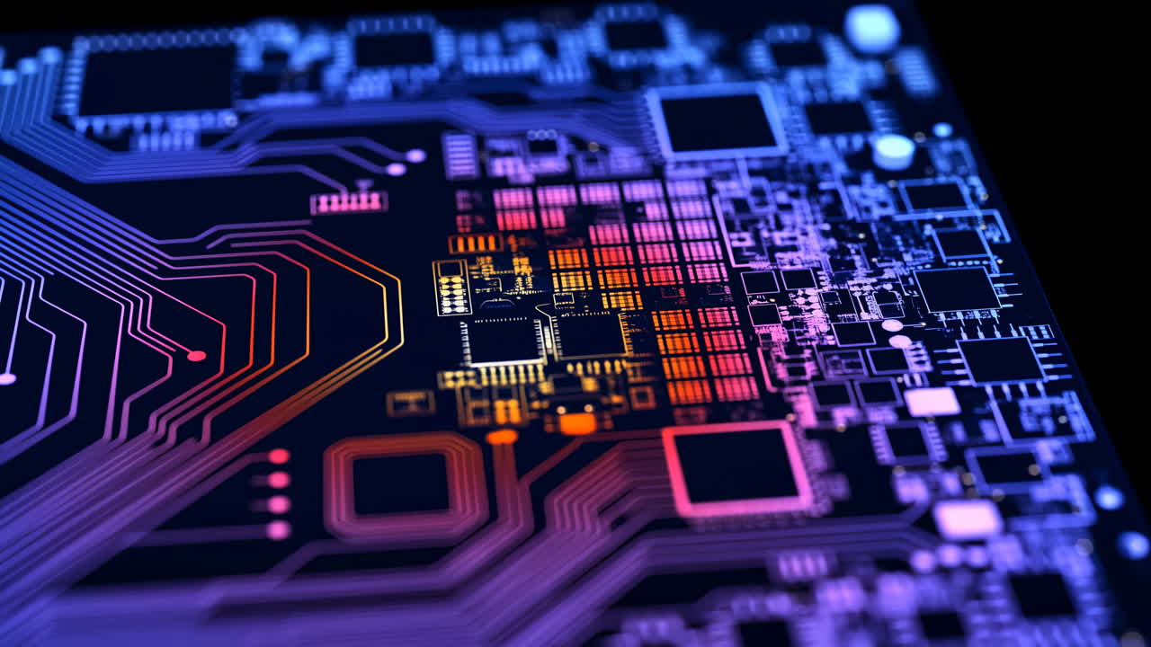Close-Up of a Digital Circuit Board with Glowing Connections