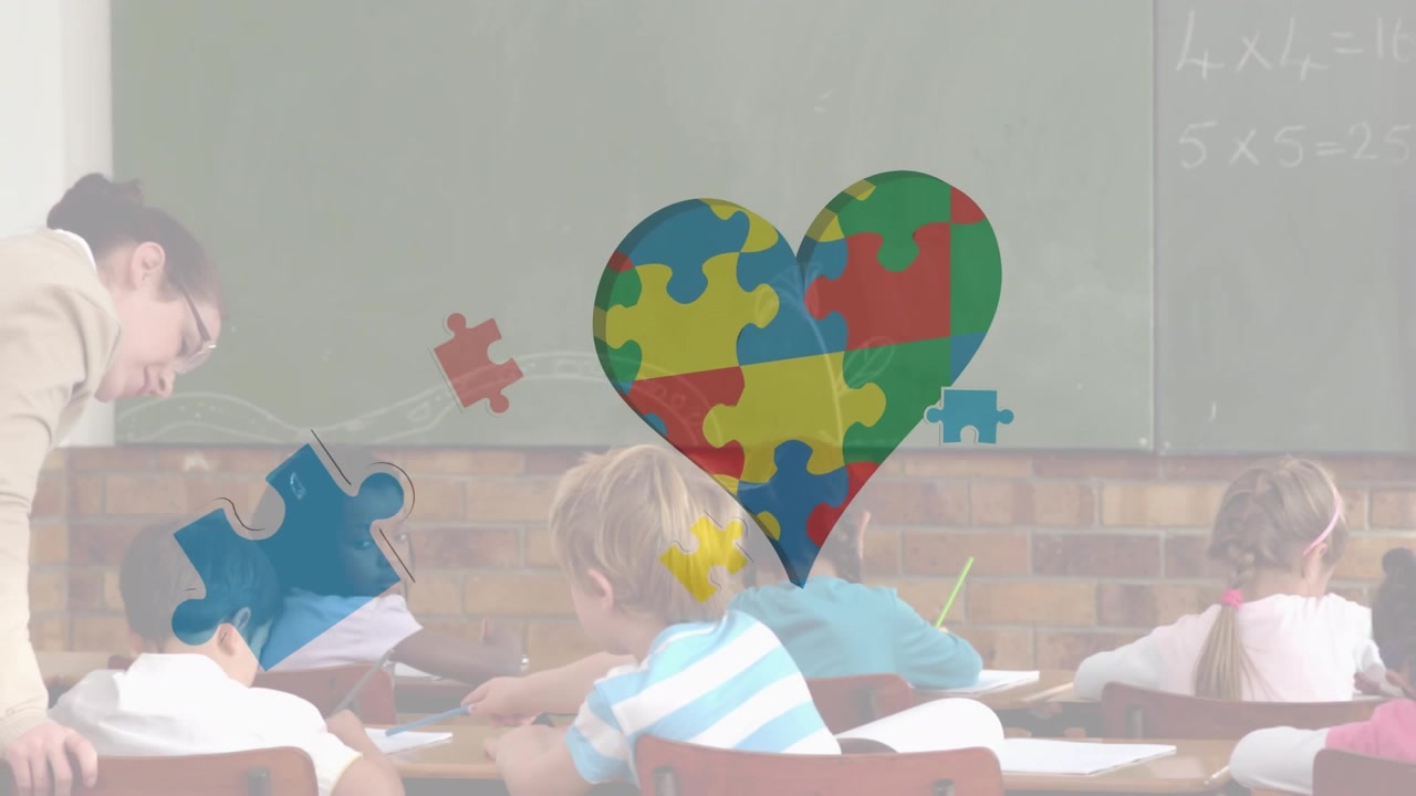 Animazione di pezzi di puzzle con icona a forma di cuore su scolaretti e insegnante di diverse etnie.