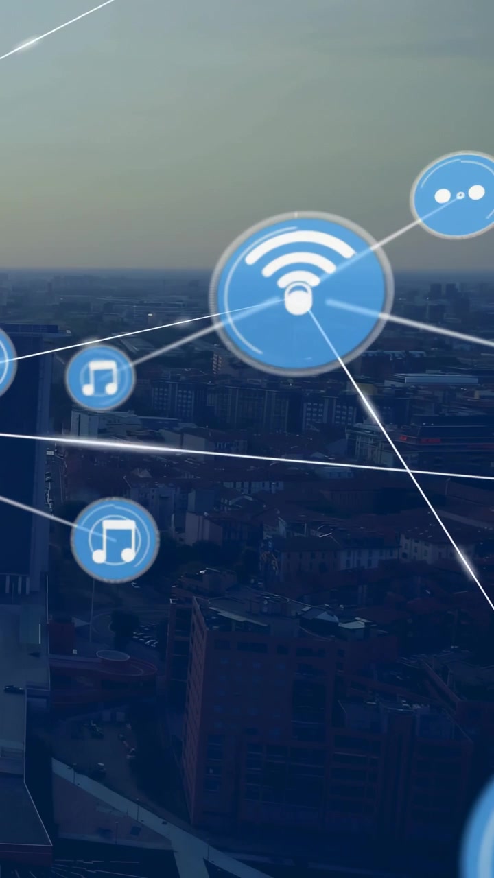 Video verticale: Primo nodo che appare, rete che cresce attraverso una città al tramonto, mostrando icone di tecnologia, Wi-Fi e musica