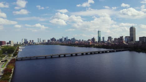 Boston-city-infrastructure-with-Harvard-bridge,-Charles-river-and-skyscrapers