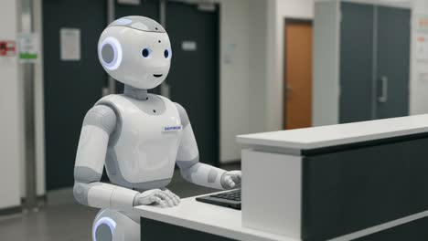 friendly robot assistant at reception desk engaging with visitors using a computer in a bright, modern environment with soft lighting