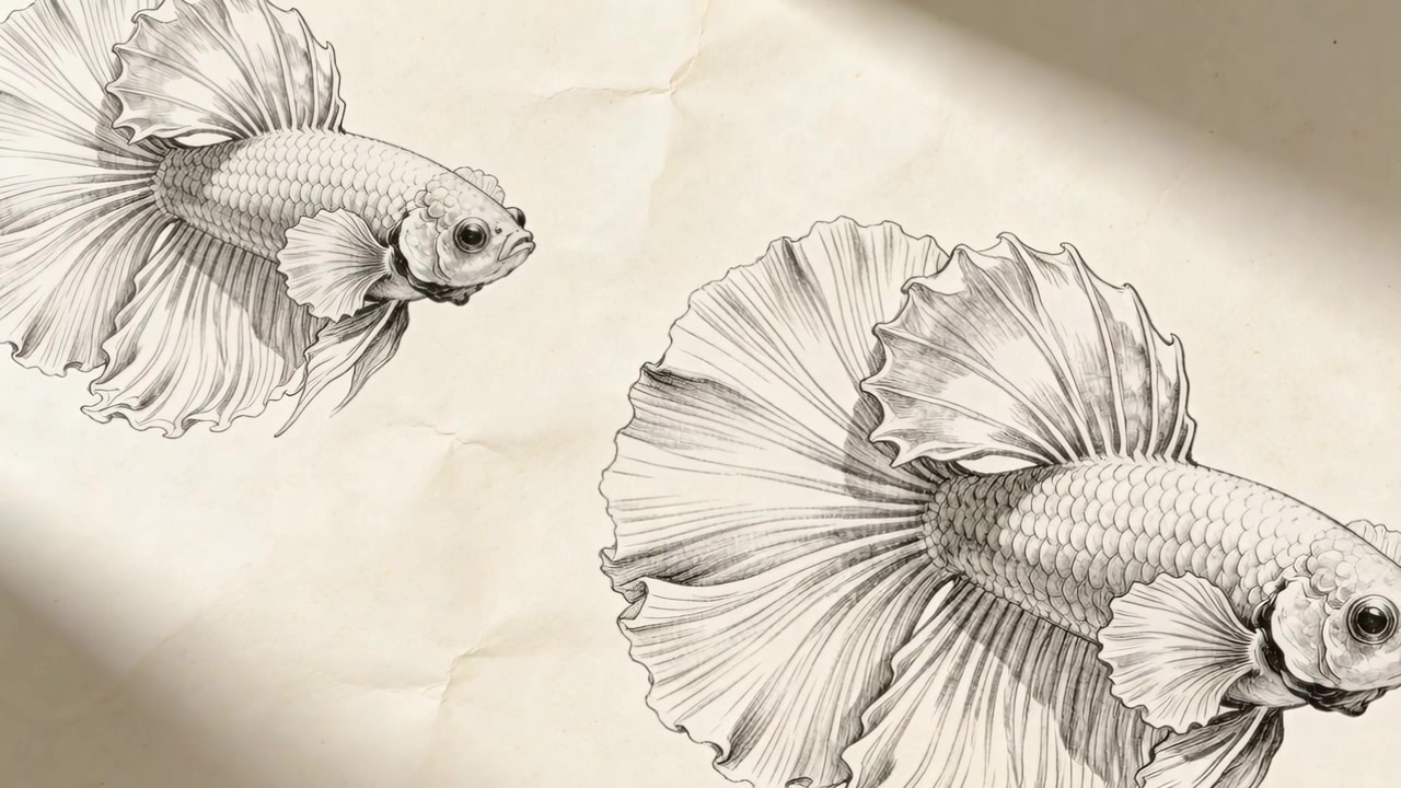 質感のあるベージュの紙の上を光が掃くように動き、鉛筆で描かれたベタの絵がずれて、折り目が現れる。