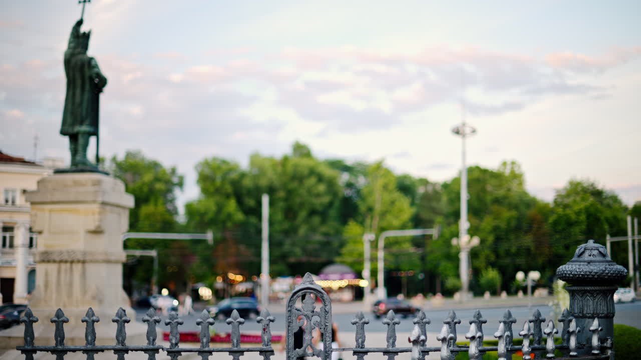 Blurred view of the Stephen the Great Monument in Chisinau, Moldova