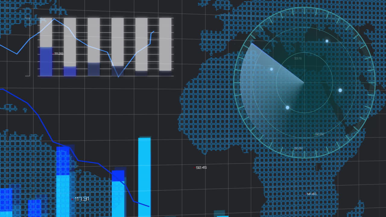 Animation of financial data processing and scope scanning over world map