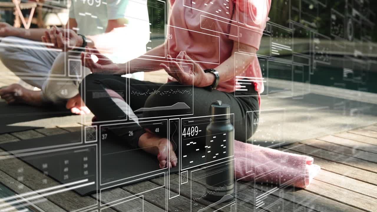 Senior couple meditating on patio, wearable sending data, HUD showing watch and bottle for wellness