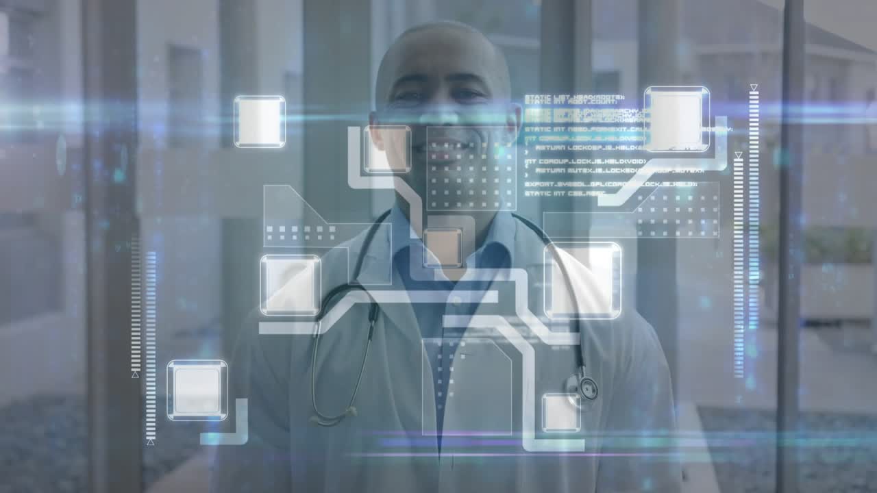 Physician facing glass, HUD activating with pulsing nodes scanning chest and eyes for diagnosis