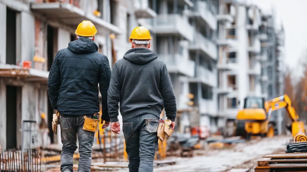 Two Construction Workers Walking Along a Site with Modern Buildings and Machinery in the Background, Dressed in Safety Gear and Hard Hats