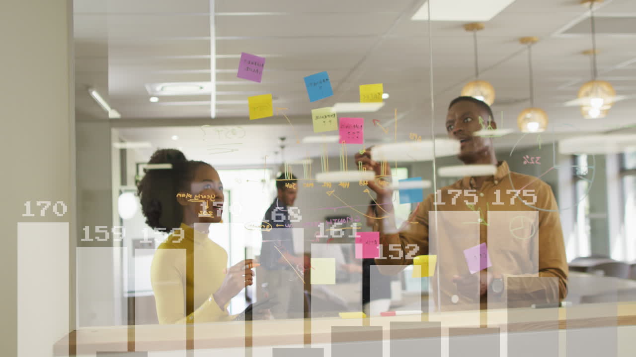 Animation of financial data processing over diverse business people in office