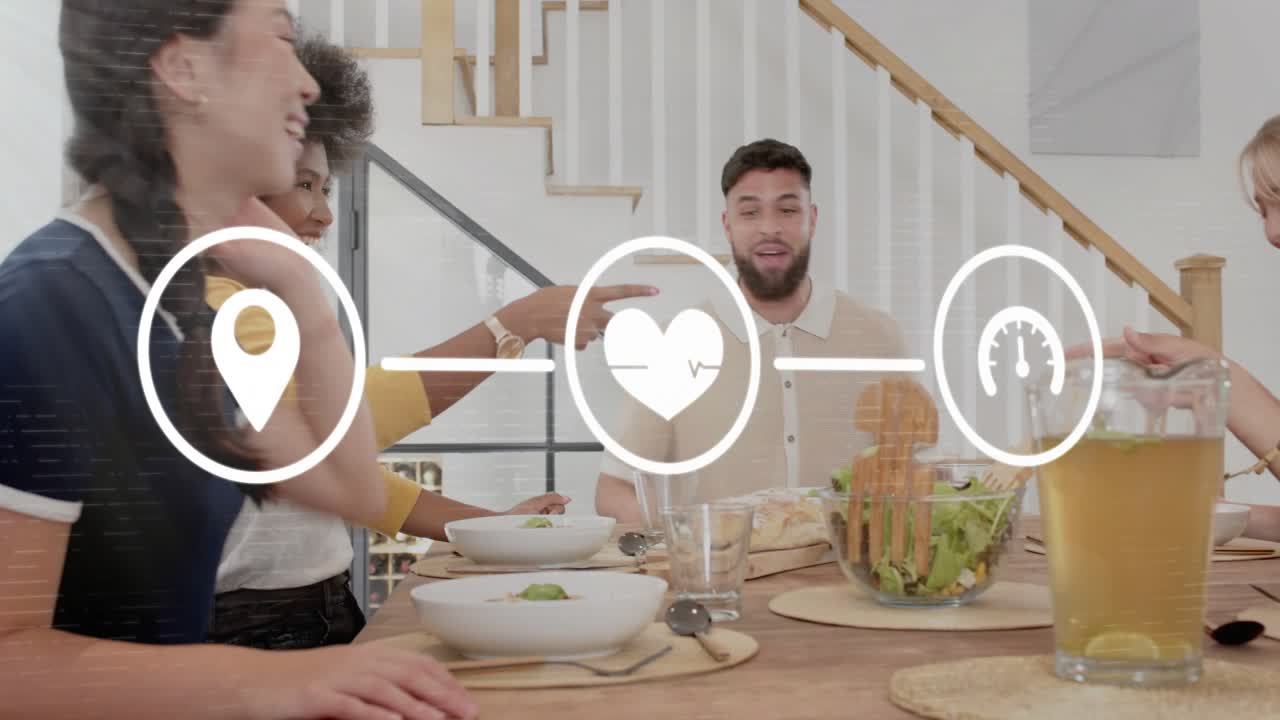 Man entering bringing salad guests clapping woman serving sharing food pin ECG gauge icons floating