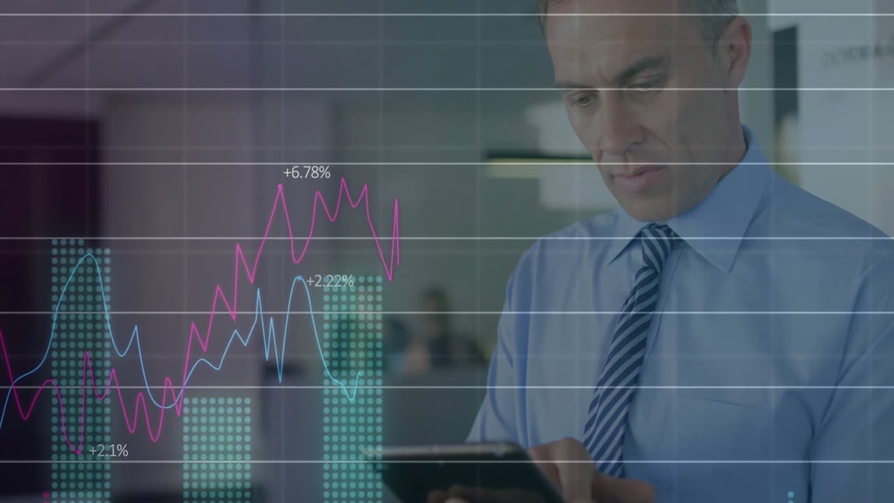 Animation of financial data processing over caucasian businessman using tablet