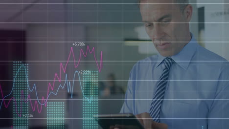 animación del procesamiento de datos financieros sobre un empresario caucásico que usa una tableta