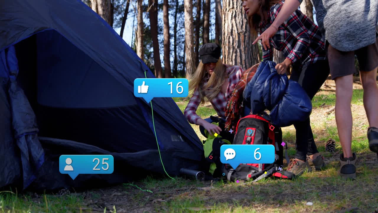 Three campers unpacking gear beside blue tent in forest clearing, showing social marketing metrics
