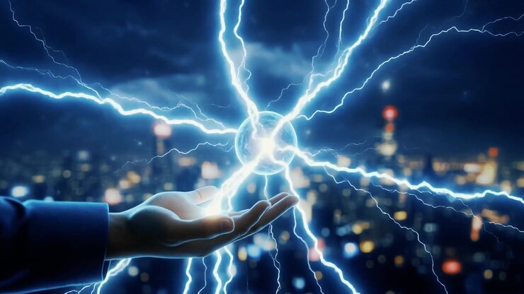 Mão Segurando Esfera de Energia Elétrica Luminosa Sobre Paisagem Urbana