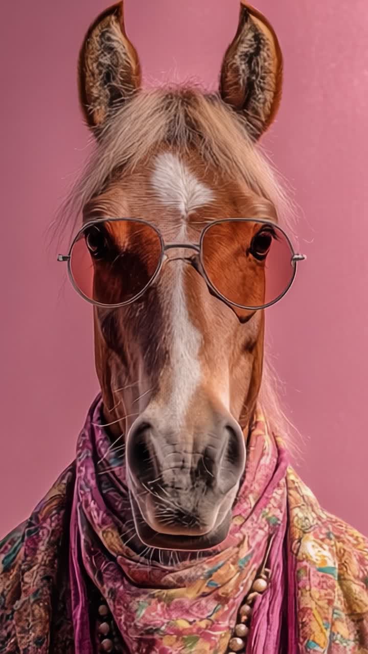 Un cavallo alla moda che indossa occhiali da sole e una sciarpa colorata posa su uno sfondo rosa, mettendo in mostra il suo stile e la sua personalità unici.