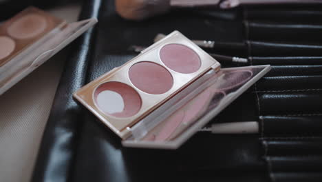 visagist takes palette with blushes to apply makeup in salon