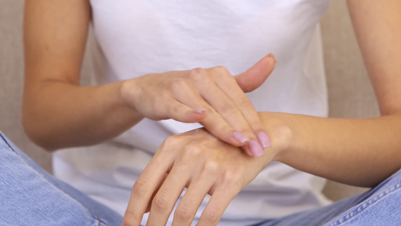 mujer aplicando loción en sus manos