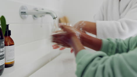 closeup, mom or kid cleaning hands for hygiene