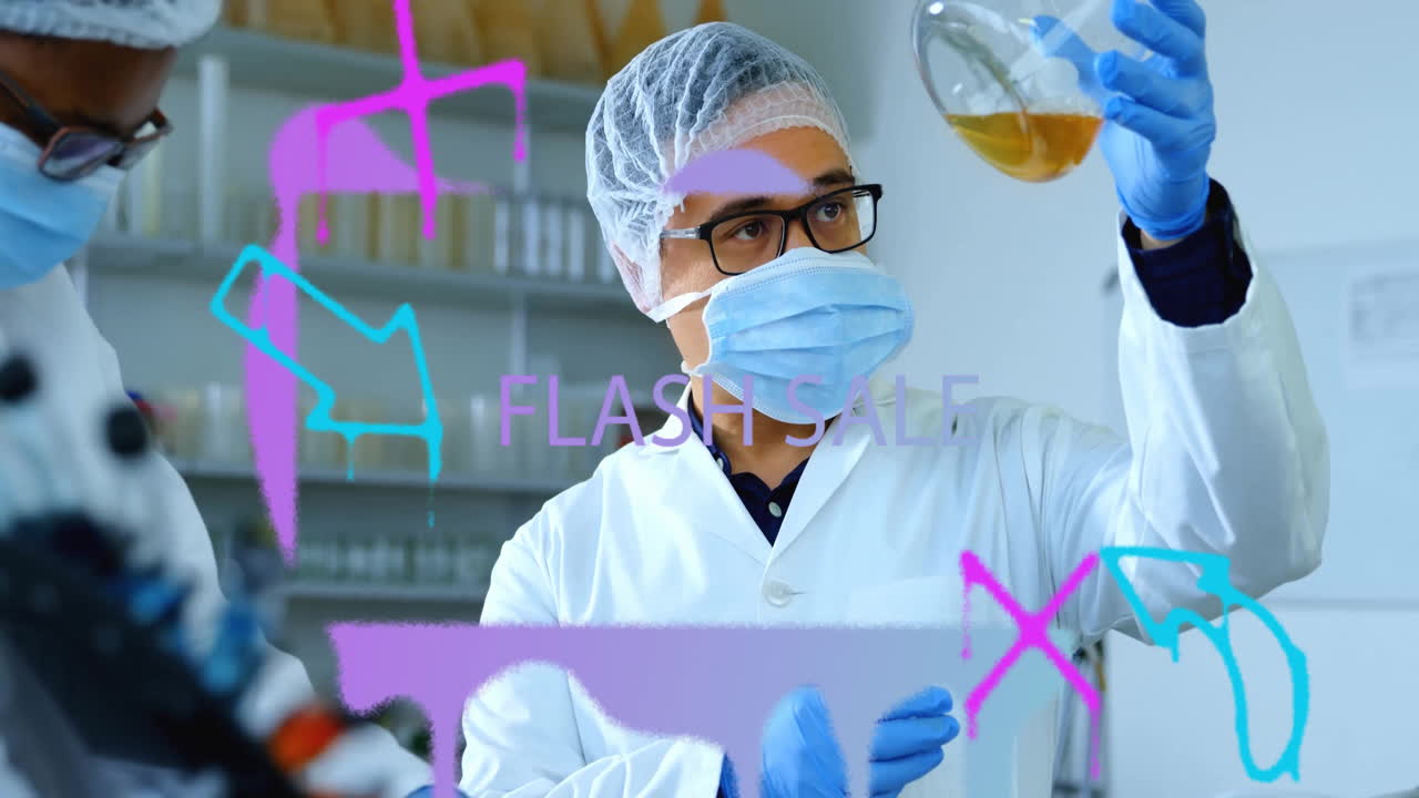 Examining liquid in lab, scientist with animation of flash sale and colors