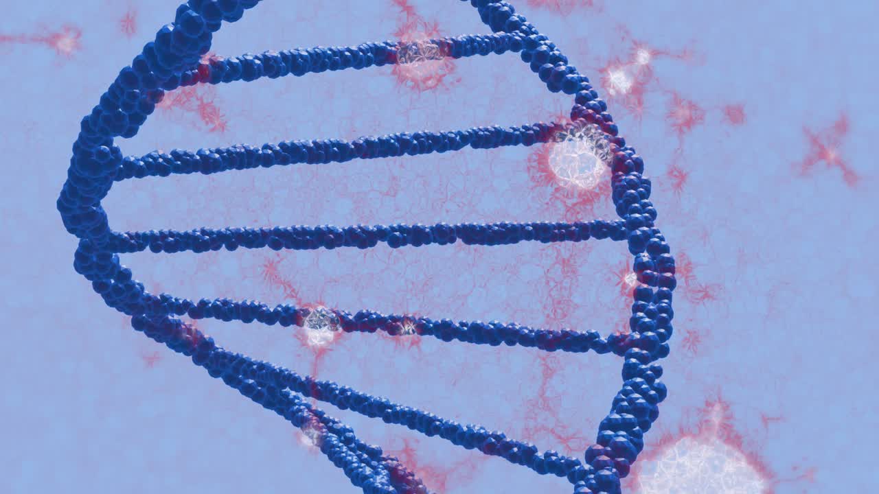 파란색 배경에 떠다니는 dna와 분자 구조의 애니메이션