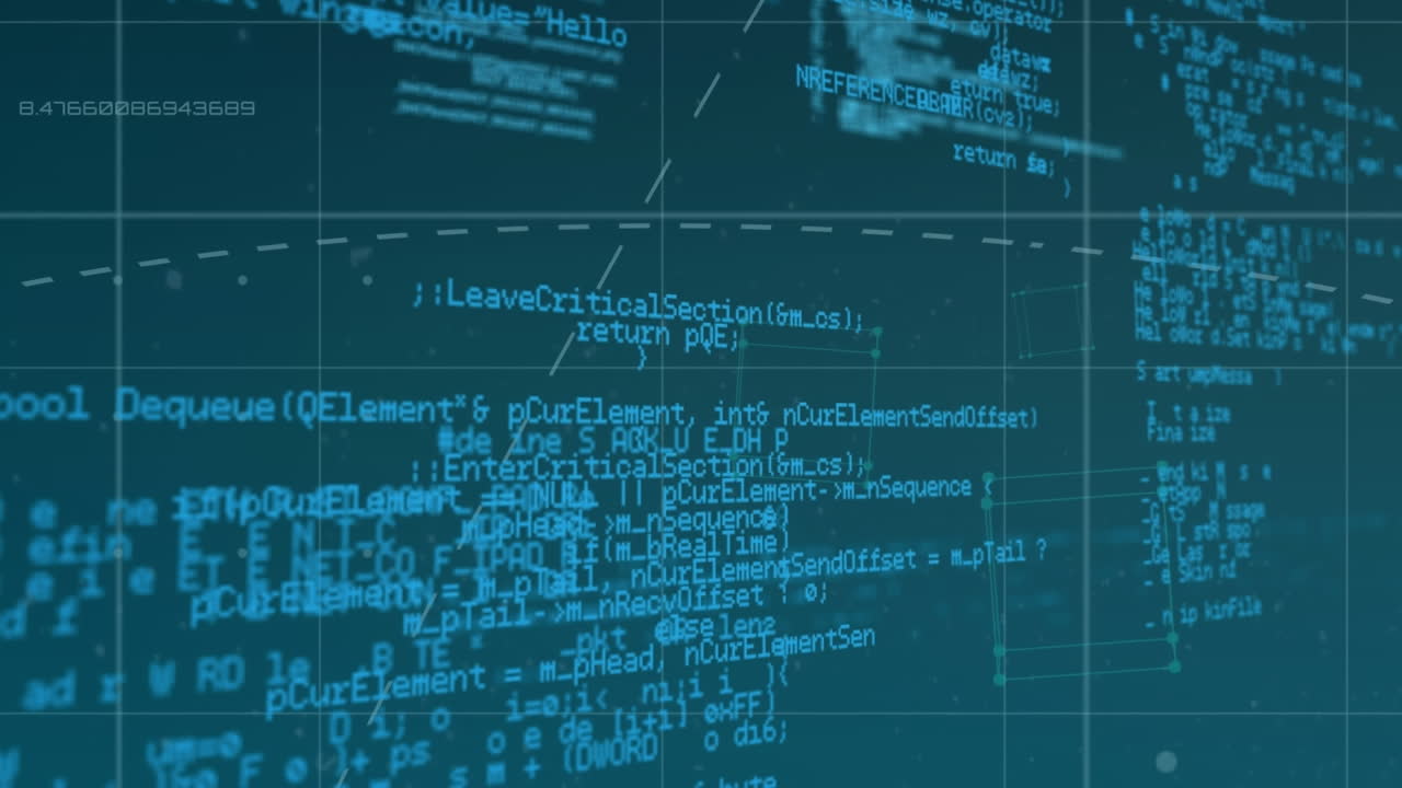 Digital animation of data processing against geometric shapes on blue background