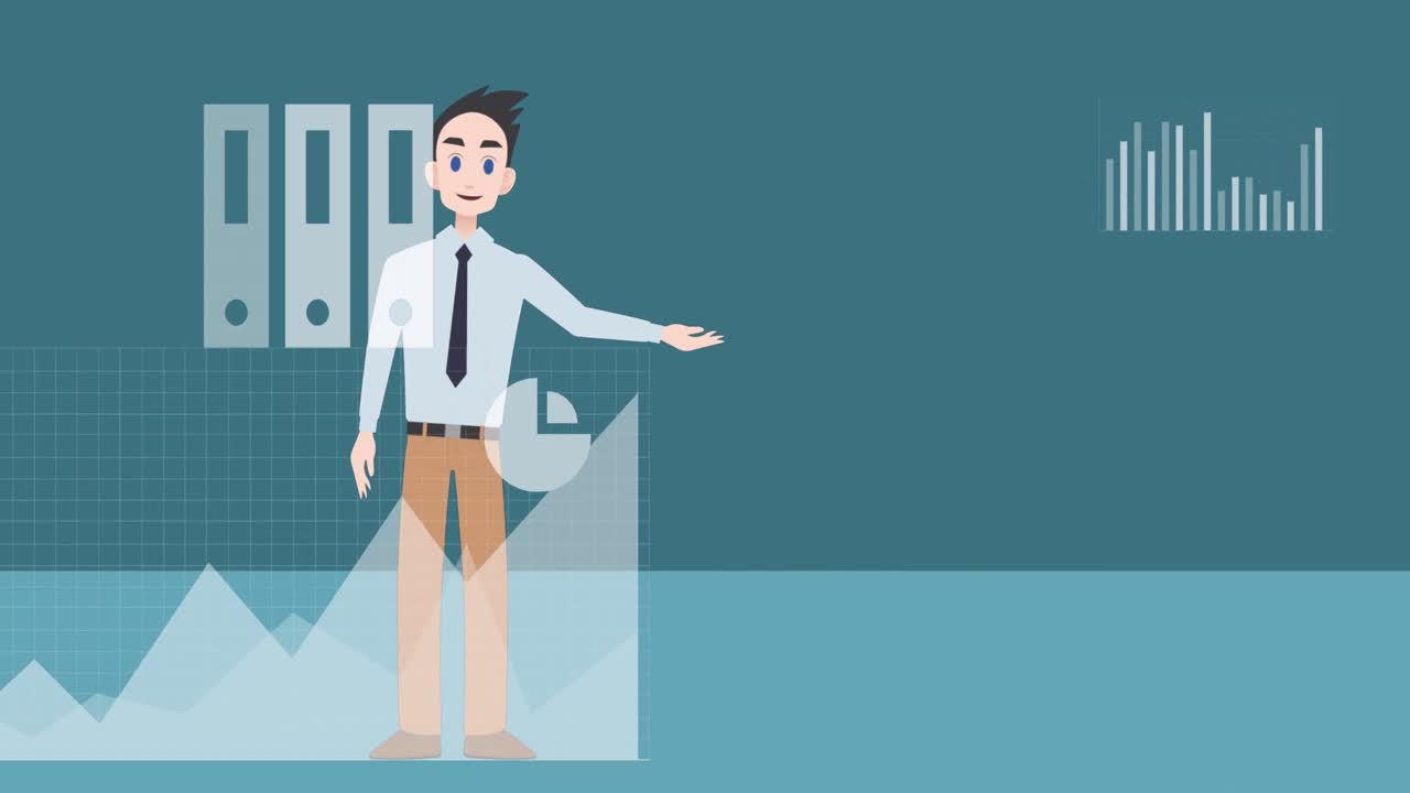 Animation of caucasian businessman making presentation with graph on blue background