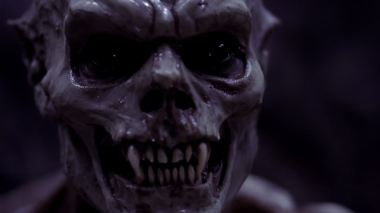 Rendering di un teschio umanoide scheletrico con mascella mobile dopo lo spostamento della messa a fuoco della camera in viola scuro, zanne umide