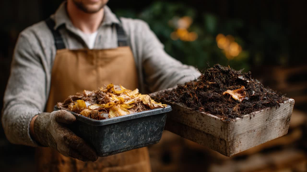 A dedicated gardener showcases the art of composting, displaying a bucket of organic waste alongside a bin of rich compost, embodying sustainability and nurturing nature