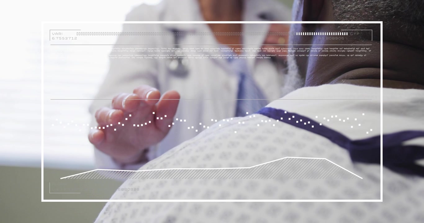 Médico ajustando el estetoscopio mientras monitorea la salud del paciente con un panel translúcido que muestra una forma de onda pulsante