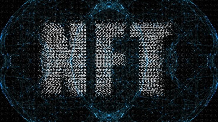 Animation of nft text banner over globe of network of connections against black background