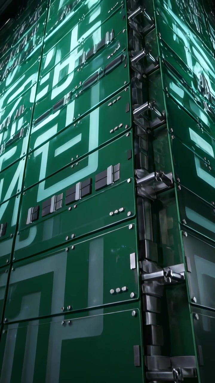 Vertical video: Panning camera from floor, rotating corner of green LED wall in hall, showing seam