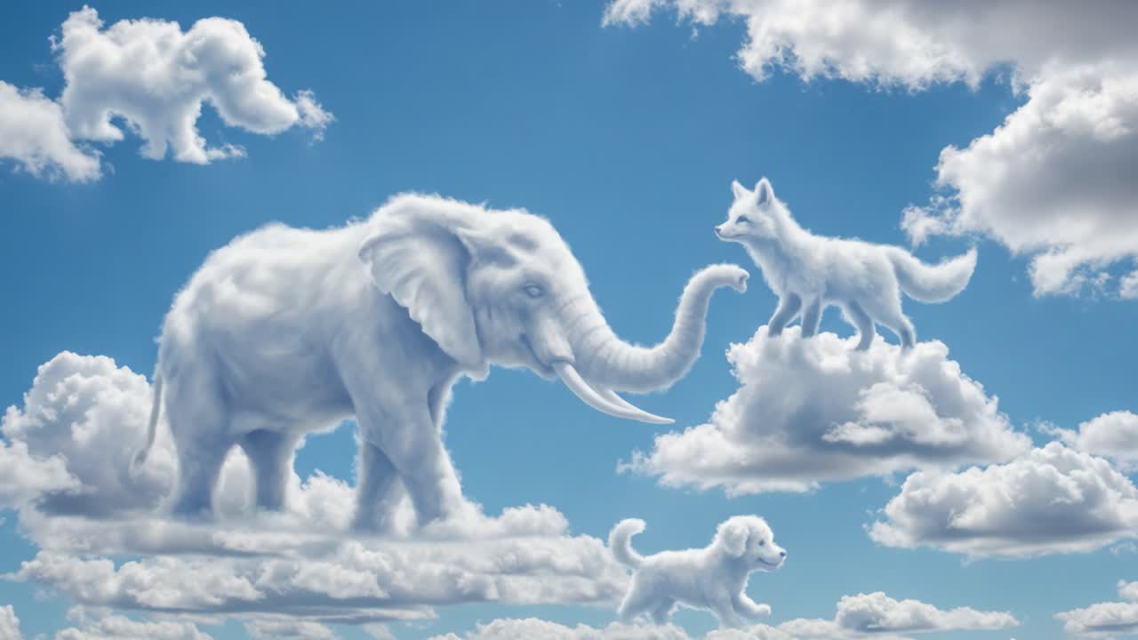 A Dreamlike Scene in the Sky Featuring Cloud-Shaped Animals: An Elephant, a Fox, and a Puppy Amidst Fluffy White Clouds Under a Bright Blue Sky