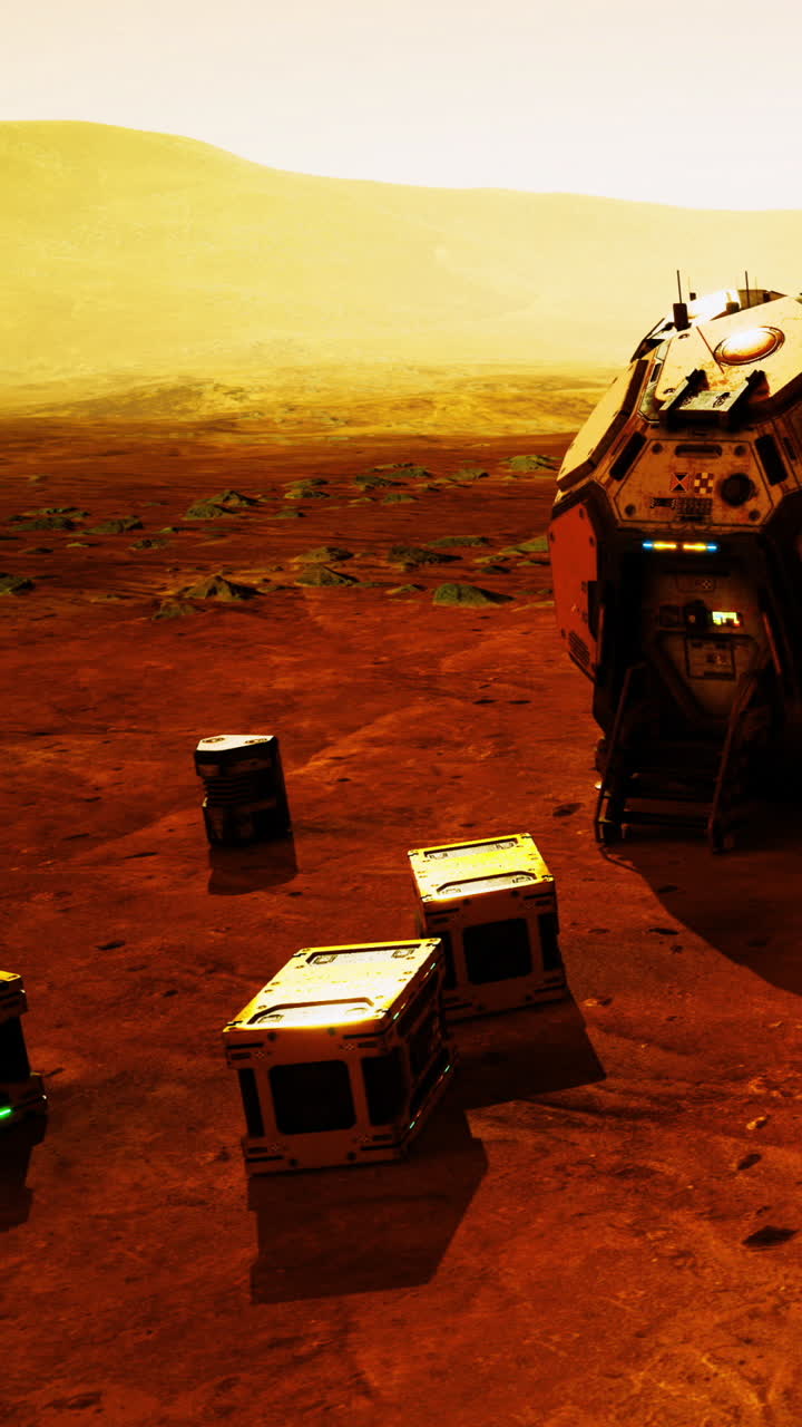 Exploring the crimson landscape of a distant planet with scattered cargo boxes