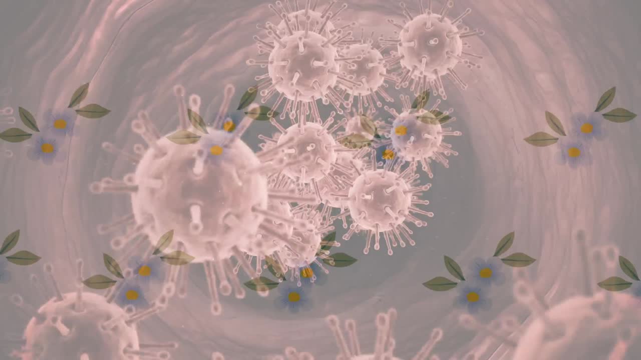 떨어지는 꽃 위에 있는 코로나19 세포의 애니메이션