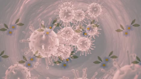 animation of covid 19 cells over falling flowers