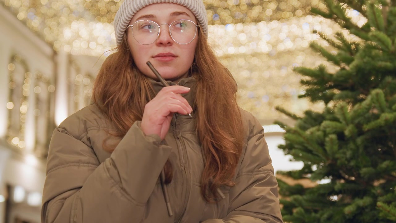 Sitting white woman writing in notebook under holiday lights, outdoor market with Christmas tree, winter coat and beanie, pen to lip, sketching and planning, warm bokeh glow, busy festive arcade