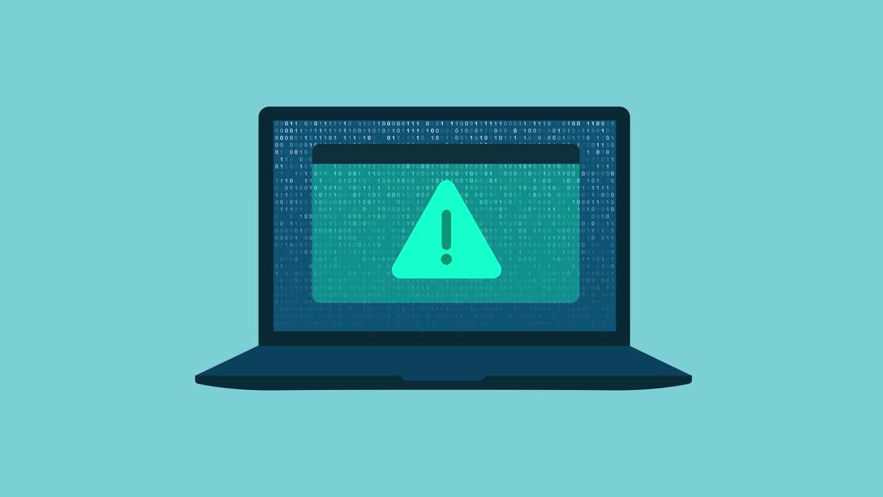 Laptop zeigt digitale Warnmeldung vor binärem Code-Hintergrund.
