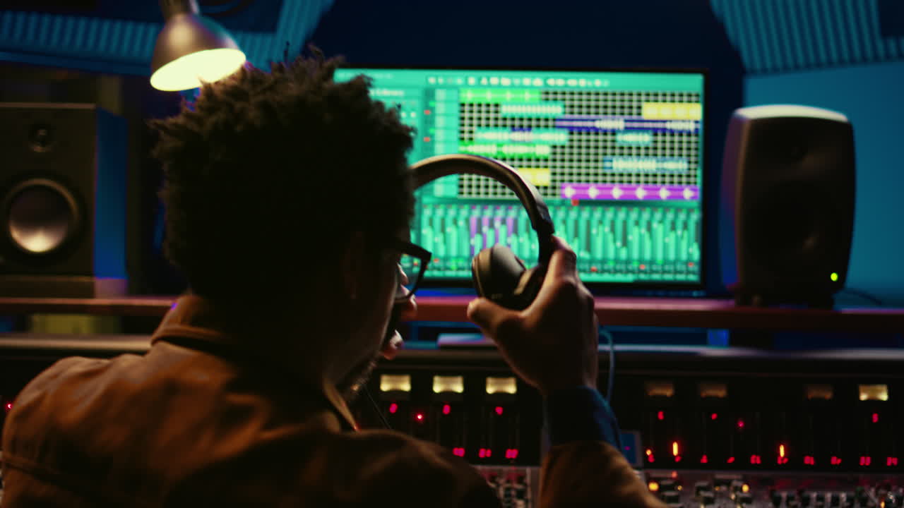 productor de música afroamericano grabando canciones y editándolas