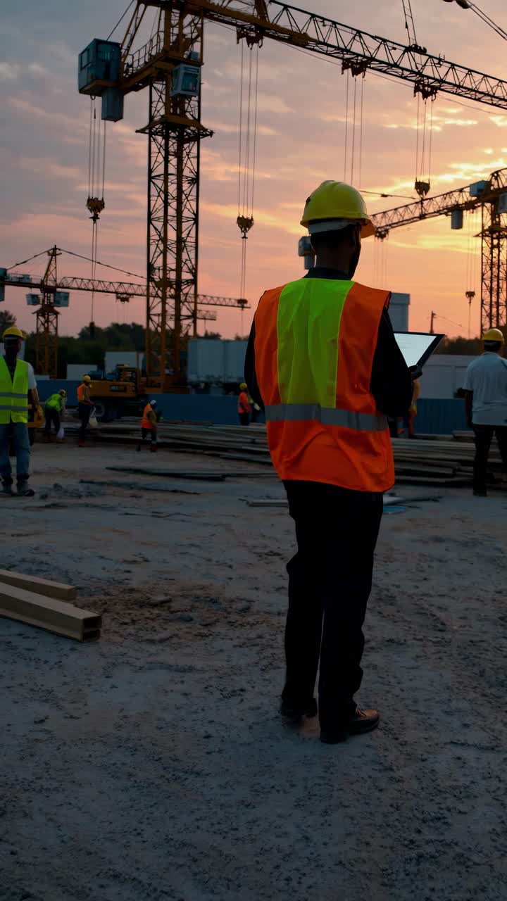 Construction site at sunset with cranes and workers. Worker in safety vest and helmet. Industrial
