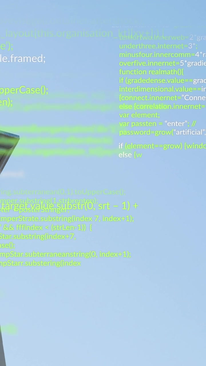 Animation of data processing over tall building against blue sky