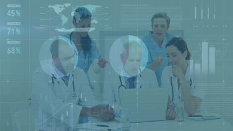 animation of graphs and data over happy diverse female and male doctors with laptop