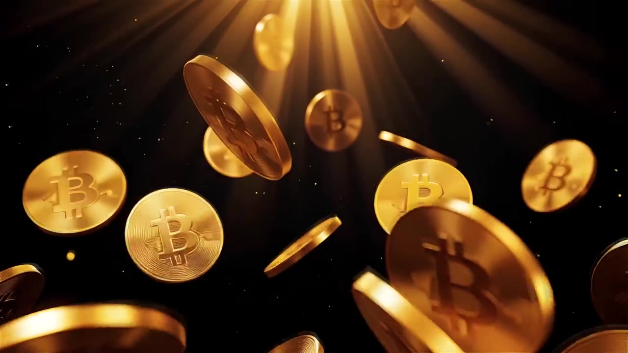 Bitcoin girando em fundo preto dramático 4K