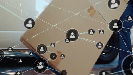 network of connected user icons animation over people moving cardboard boxes