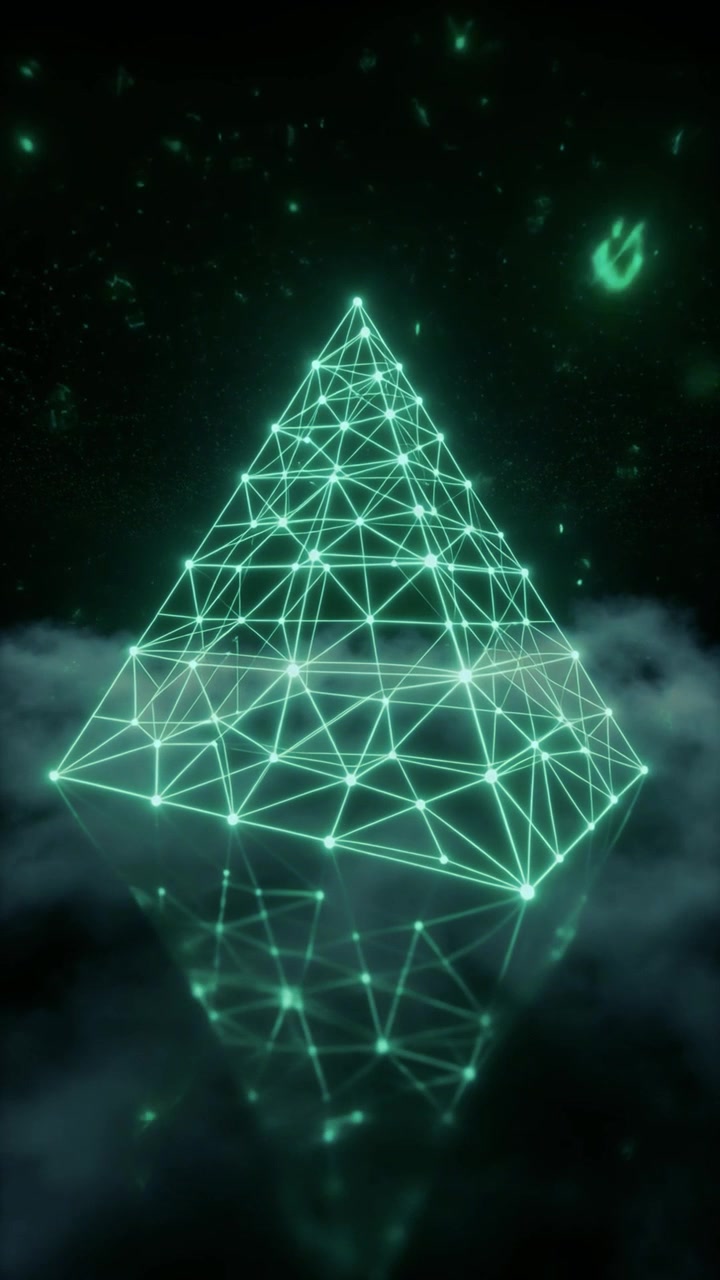 Pirâmide em Wireframe Verde Luminosa Flutuando Acima das Nuvens no Espaço Escuro