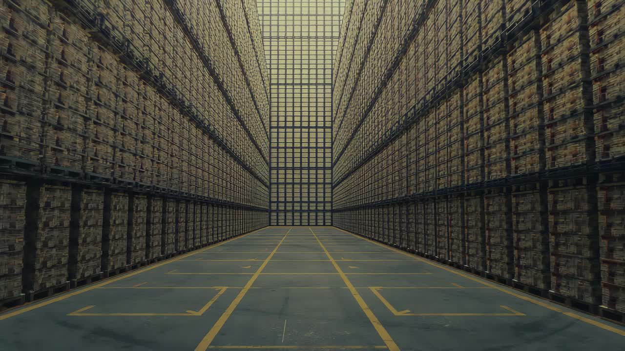Holding camera capturing warehouse aisle for inventory check, with metal racks guide lines