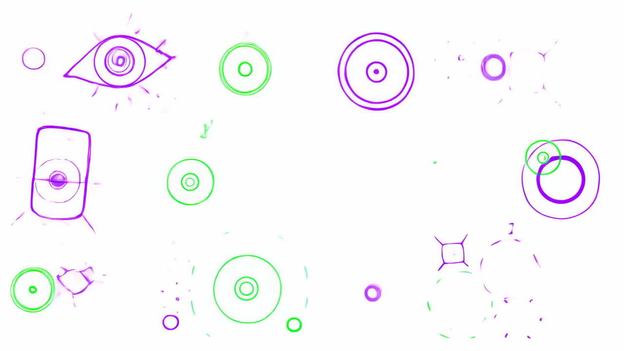 Minimal White Background With Sketchy Circles, Floating Neon Purple And Green Rings, Doodle Bursts And Subtle
