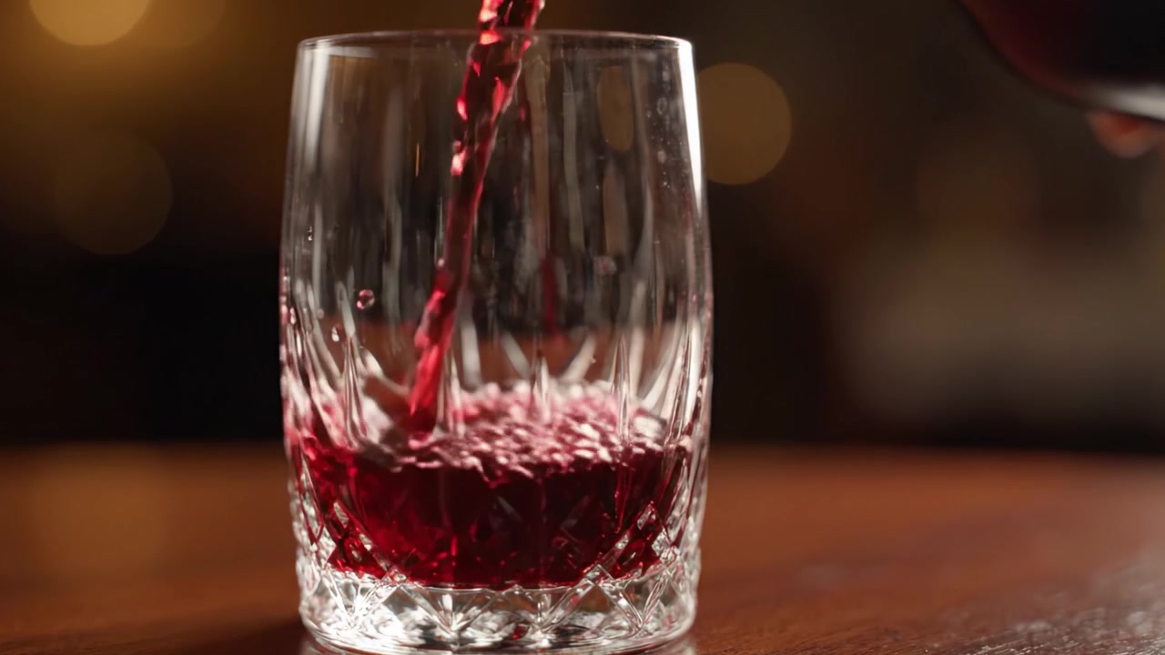L'arte di versare: una sequenza ravvicinata che cattura la trasformazione di un bicchiere di cristallo mentre passa da vuoto a pieno con un ricco vino rosso.