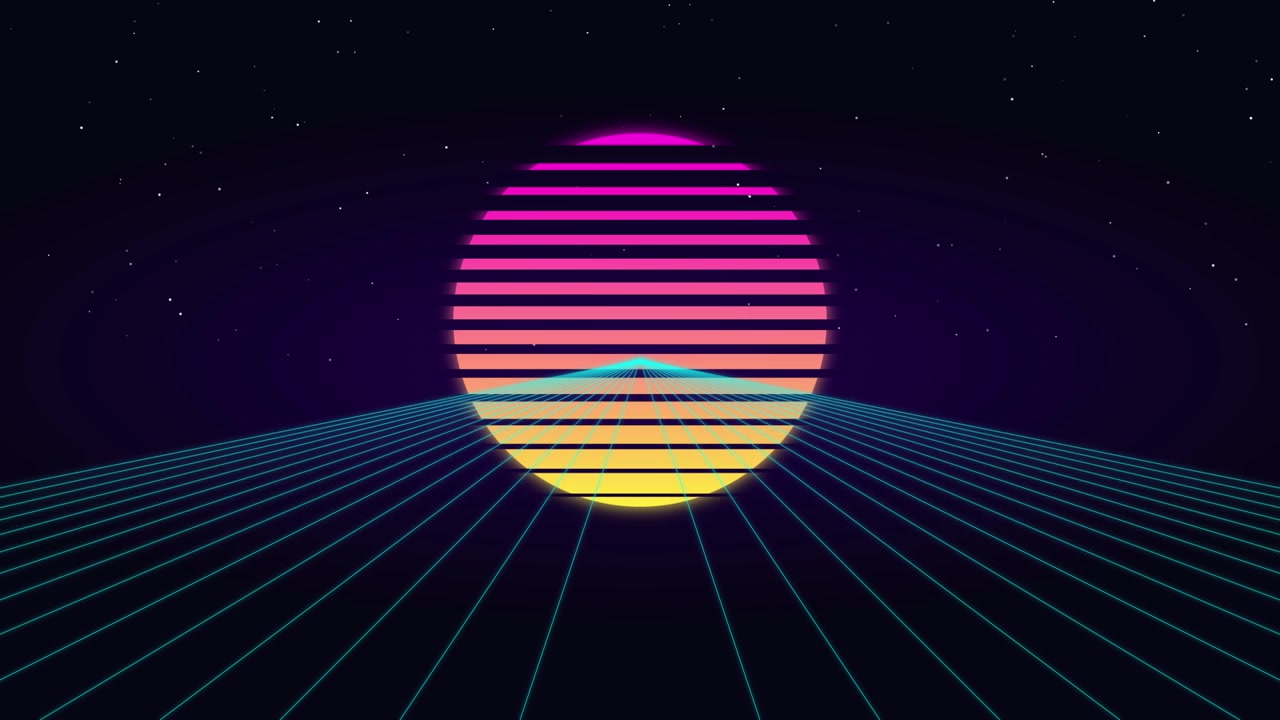 Retro Synthwave Style Sunset Over Digital Grid Landscape