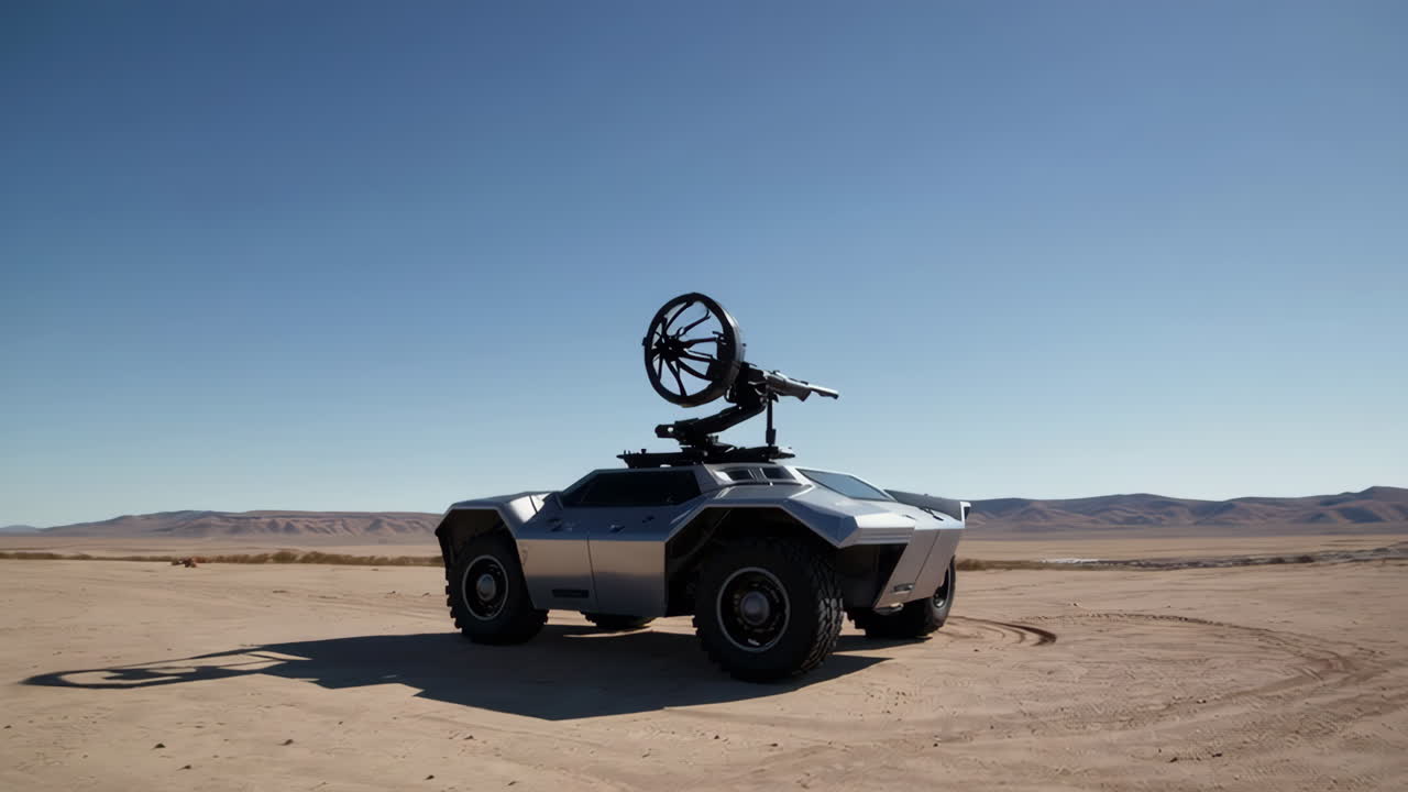 Futuristic Military Vehicle in Desert Landscape