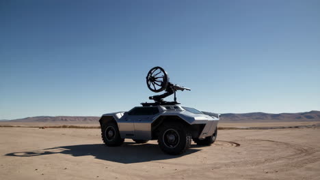 futuristic military vehicle in desert landscape